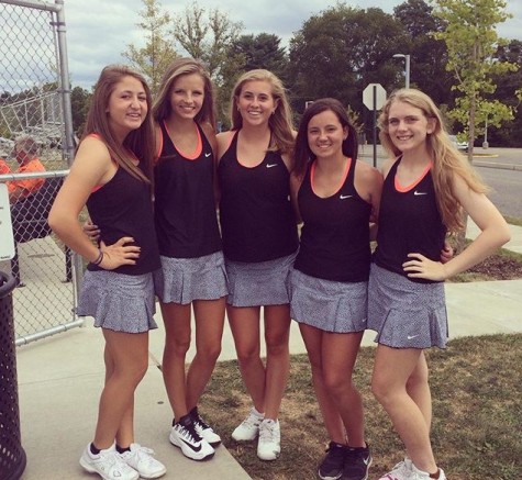 Members of the girls tennis team. From left to right: Emily Wagner (junior), Jessica Fanning (junior), Kayla Veith (junior), Emily Kramer (junior), and Cameron Happe (junior). 