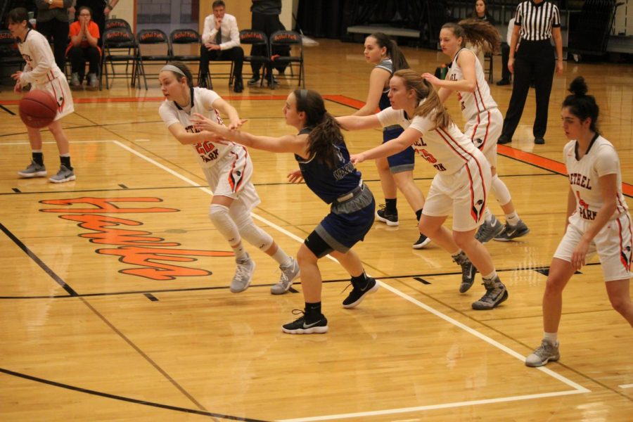 Lady Hawks fight for possession during their game against Hempfield Friday, Dec. 8.