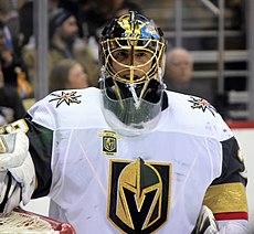 Vegas Golden Knights goaltender Marc-Andre Fleury during a game against the Pittsburgh Penguins, February 6, 2018, at PPG Paints Arena in Pittsburgh, PA.