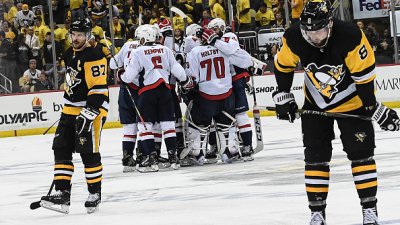 PITTSBURGH, PA - MAY 7: Sydney Crosby skates away as the Washington Capitals celebrate after wining Game 6 of the Second Round of the Stanley Cup Playoffs between the Washington Capitals and the Pittsburgh Penguins at PPG Paints Arena on Monday, May 7, 2018. The Washington Capitals won 2-1 to advance to the next round. 
