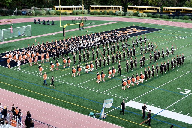 COMING OUT STRONG, the Bethel Park Marching Band comes out in style to perform on of their pre-game shows.