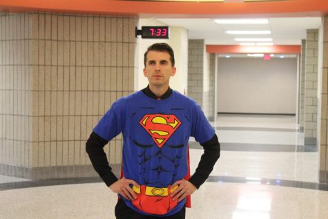 HERE TO SAVE THE DAY! Mr. Allemang dons his Superman costume on Halloween.