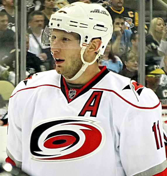 Carolina Hurricanes forward Jordan Staal lines up against the Pittsburgh Penguins, April 27, 2013 at Consol Energy Center in Pittsburgh, PA.