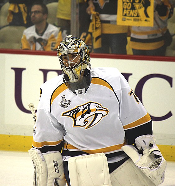 Nashville Predators backup goalie Juuse Saros prior to game 5 of the 2017 Stanley Cup Finals, June 8, 2017, against the Pittsburgh Penguins at PPG Paints Arena in Pittsburgh, PA.