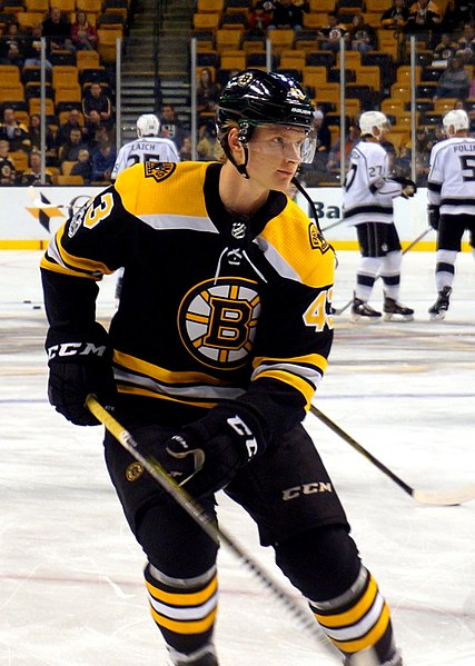  Danton Heinen at Boston Bruins warm-ups at TD Garden, Boston, MA