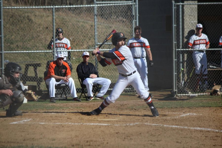 Anthony Strangis prepares to swing the bat during the Hawks game vs. Pine Richland on March 27. The Hawks won 2-1.