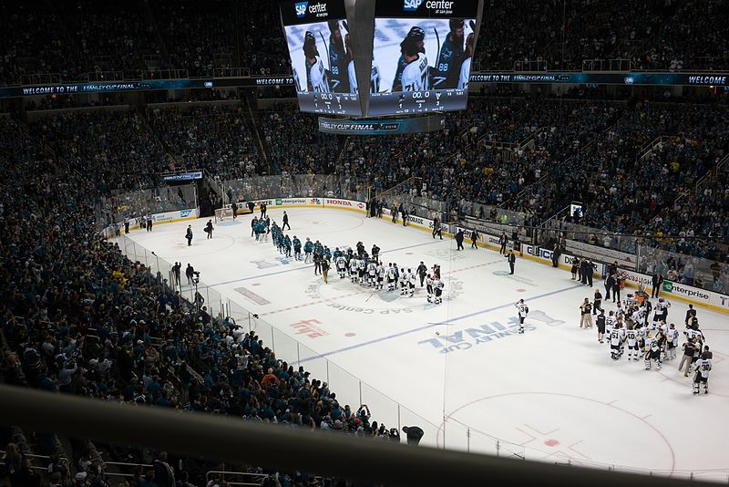 Two teams haking hands after game 6 of the 2016 Stanley Cup Finals