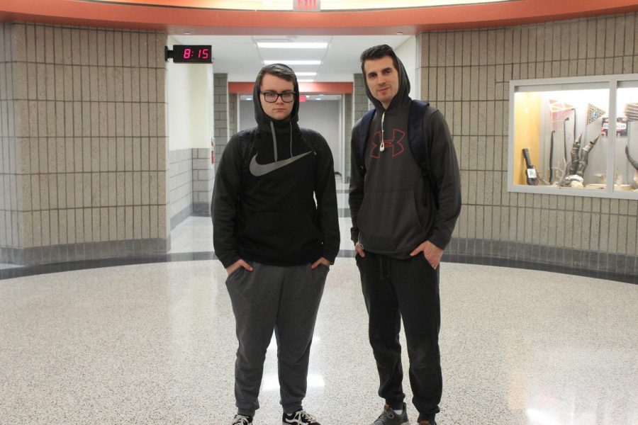 Joey Bova and Mr. Allemang pose on Dress Like a Student/Teacher Day during winter spirit week 2019.