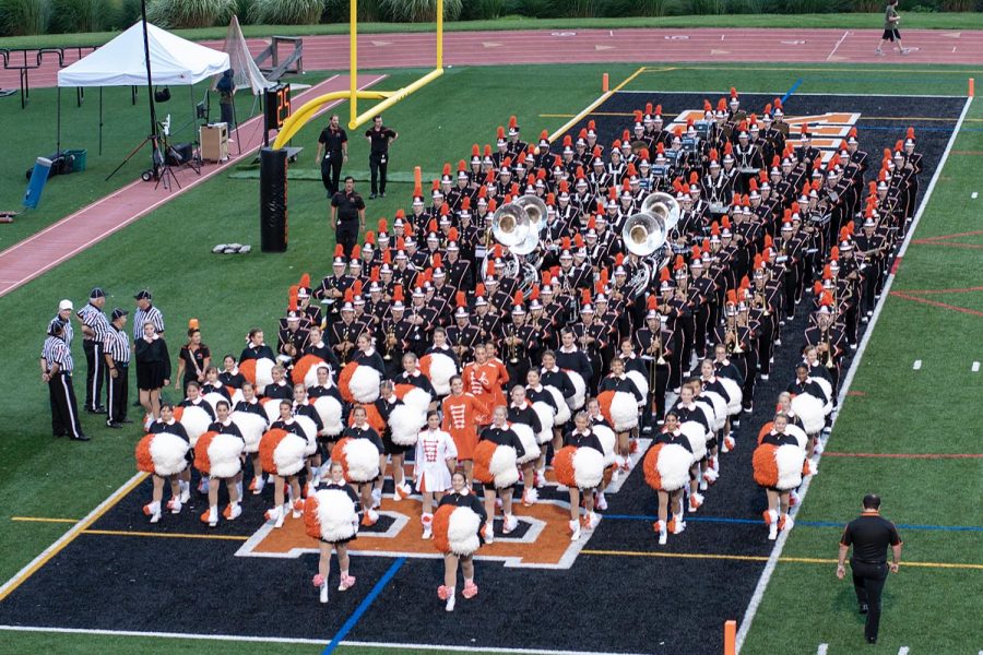 Bethel Park Marching Band marches into the end zone for one of their pre-game performances.