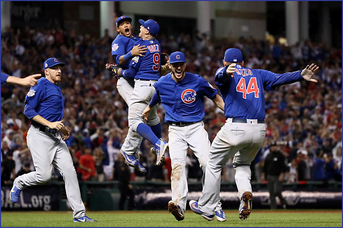 Joy -- Addison Russell-Javier Baez and Kris Bryant-Anthony Rizzo Celebrate Conclusion of the 2016 World Series -- Progressive Field Cleveland (OH) November 3, 2016