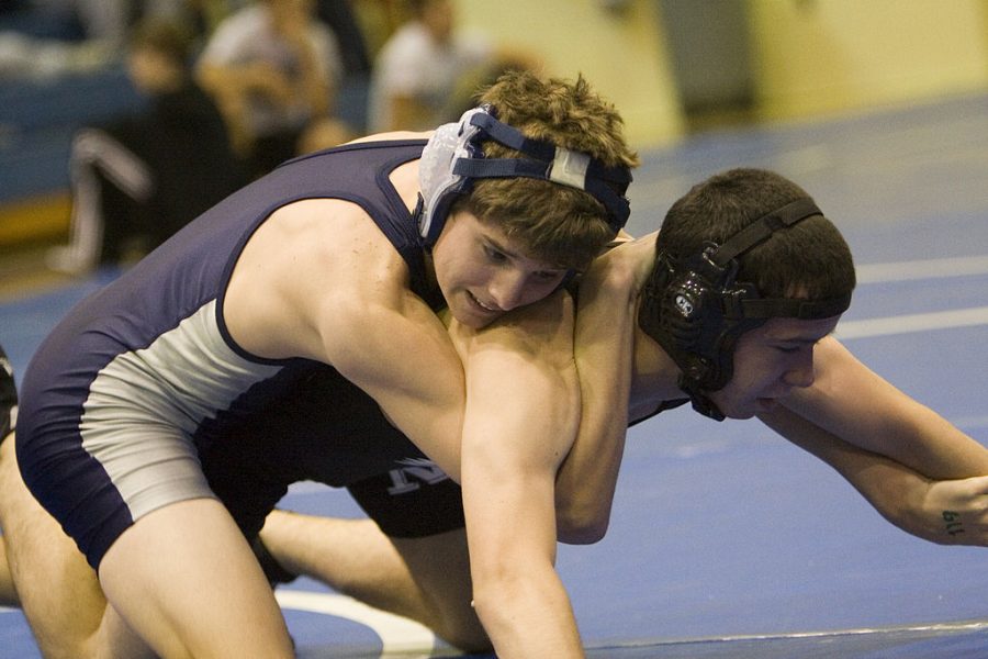 Two high school students wrestling (collegiate, scholastic, or folkstyle) in the United States. Originally uploaded by Wikiman86 on the English Wikipedia project at http://en.wikipedia.org.
wrestling falconfrenzy093.jpg