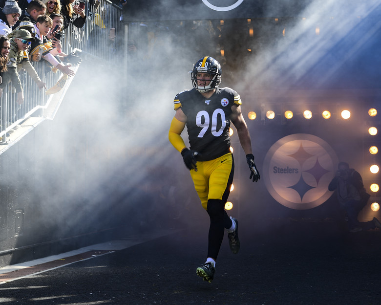 Pittsburgh Steelers linebacker T.J. Watt runs onto the field before a Pittsburgh Steelers vs. Indianapolis Colts game at Heinz Field in Pittsburgh, Pennsylvania, November 3, 2019. During the football game the National Football League honored military members currently serving as well as veterans who have served in the past with a variety of events. (U.S. Air Force photo by Joshua J. Seybert)