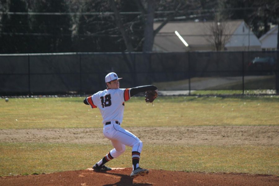 Eric Chalus, Jr. takes the mound during the Hawks game vs. Pine Richland on March 27, 2019.