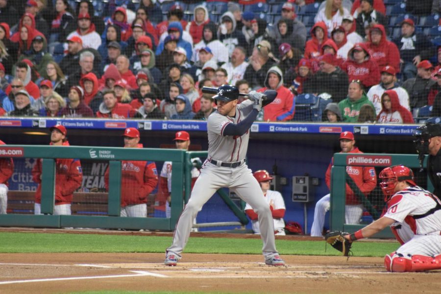 Freddie Freeman at bat against the Phillies on March 31, 2019.
