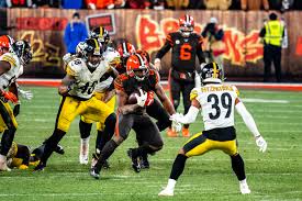 Minkah Fitzpatrick (#39) playing for the Pittsburgh Steelers in a game against the Cleveland Browns in 2019.

