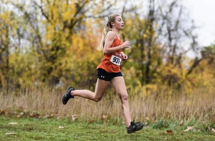 Freshman Jenna Lang pushing her way to second place at the WPIAL cross country championships.
