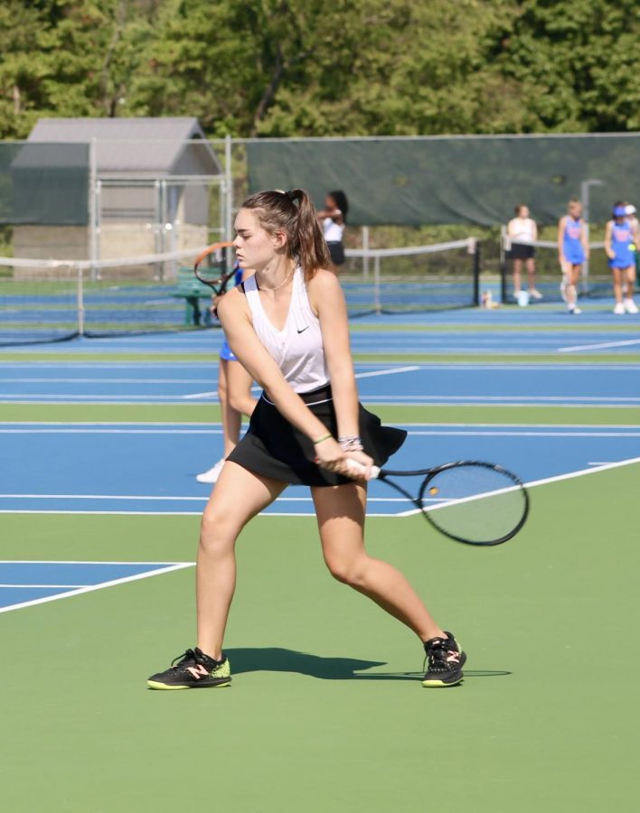 Mia Gorman prepares to hit the ball during her tennis match vs. Char Valley on Sept. 8.
