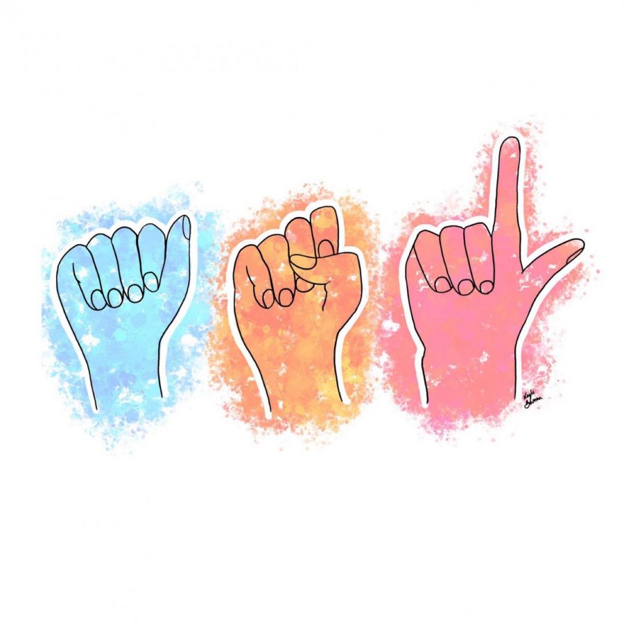 Different colored hands form the letters ASL in American Sign Language. The hands were drawn by BPHS junior Kayla Bowman.