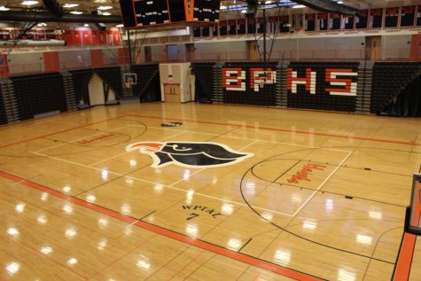 The BPHS gymnasium is home to the Black Hawks. During the winter, the indoor track team often practices above the gym along the track.