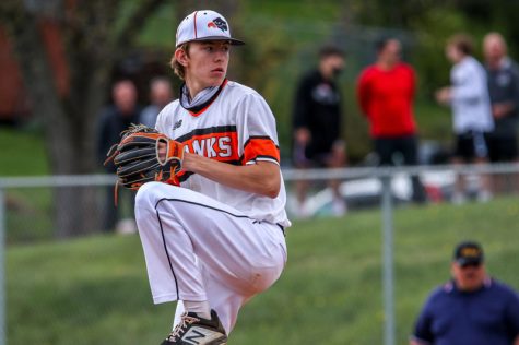 Evan Holewinski pitches against Peters Township on April 19, 2021.