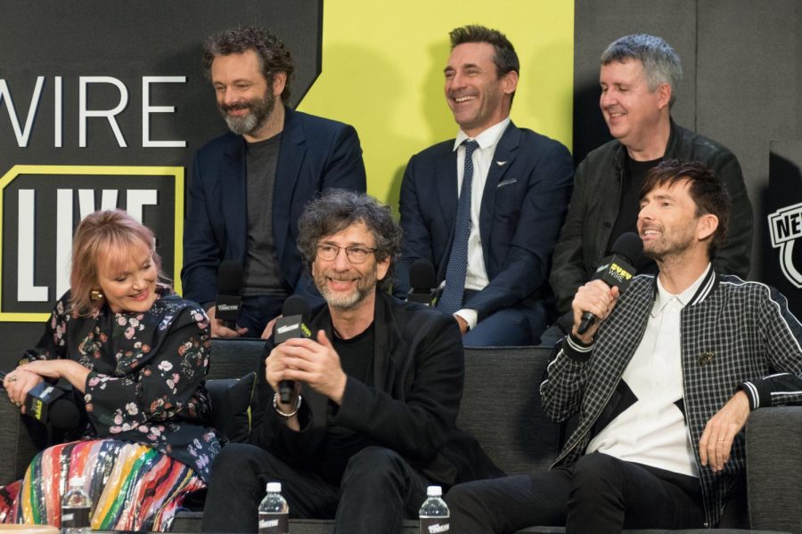 Good Omens panel at New York Comic Con in October 2018. Front: Miranda Richardson, Neil Gaiman, David Tennant. Rear: Michael Sheen, Jon Hamm, Douglas Mackinnon.