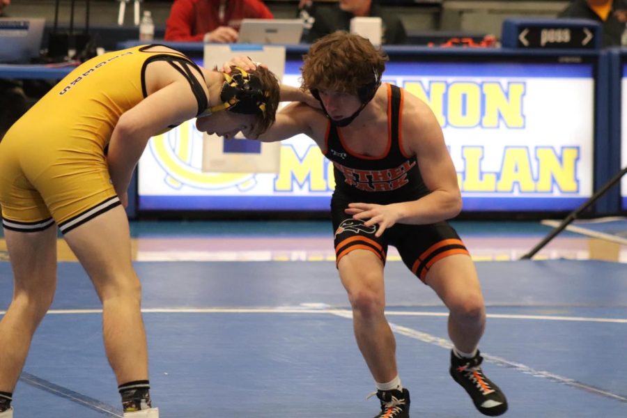 Cordan+McDonnell+looks+to+set+his+opponent+up+for+a+takedown+in+his+bout+against+North+Allegheny+at+the+WPIAL+team+playoffs+on+Wednesday%2C+Feb.+2.