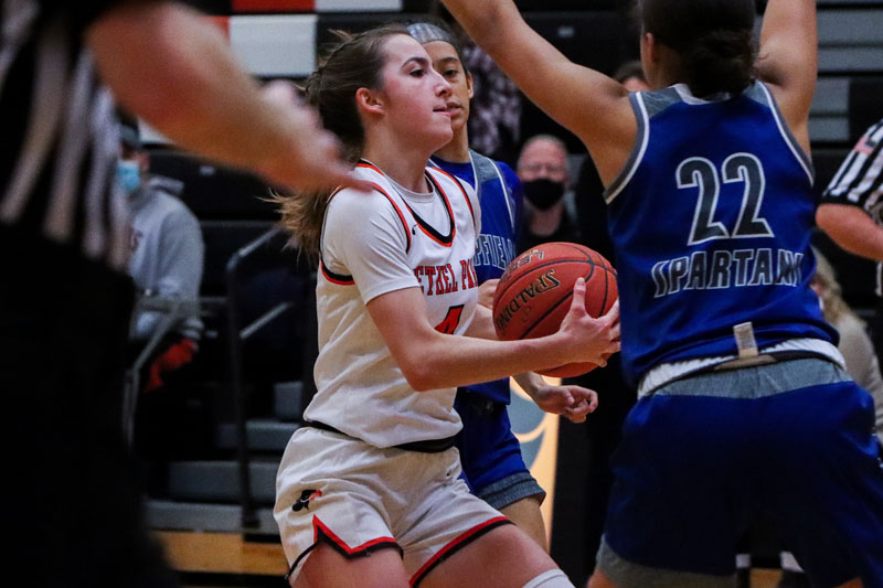 Mary Boff fights off multiple defenders in the Lady Hawks game vs. Hempfield on Jan. 20, 2022.