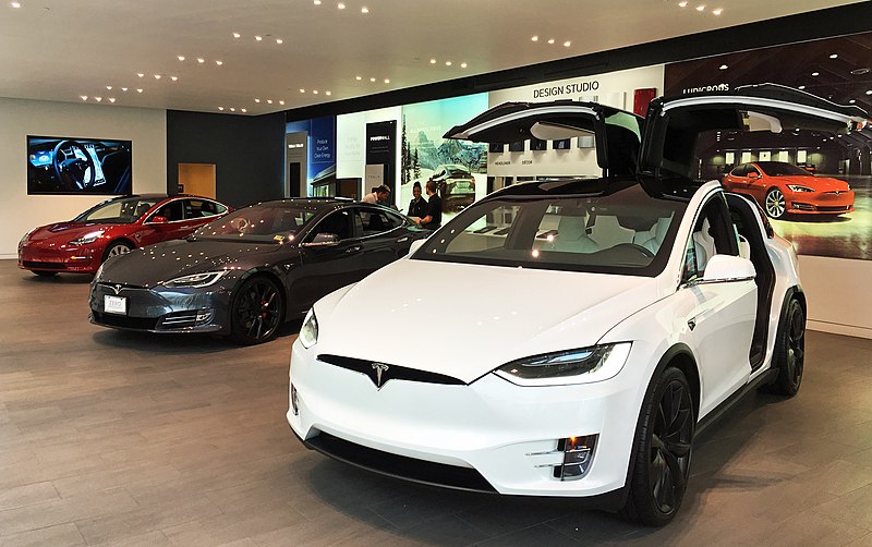 Tesla electric cars at a Tesla dealership.