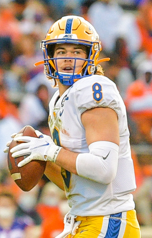 Pittsburgh quarterback Kenny Pickett(8) during during the second quarter of the NCAA football game between the Clemson Tigers and Pitt Panthers on November 28, 2020: at Memorial Stadium in Clemson, SC.  (Photo by Carl Ackerman)