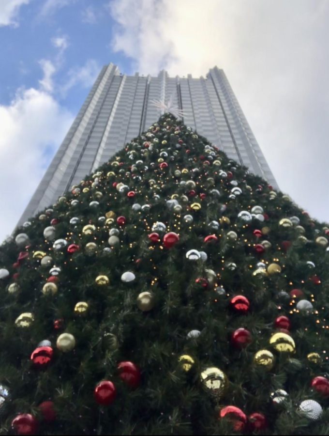 A view from below the Christmas tree at PPG Place.