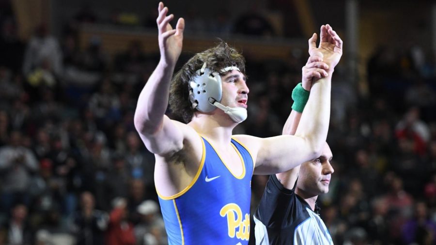 Nino+Bonaccorsi+gets+his+hand+raised+after+claiming+the+197lb+title+at+the+2023+National+Championships+in+Tulsa%2C+Ok.