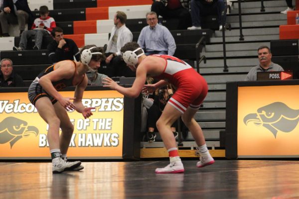 Aden Stout sizes up his opponent in the Hawks match vs. Peters on Dec. 21, 2022.

Photos by Cordan McDonnell