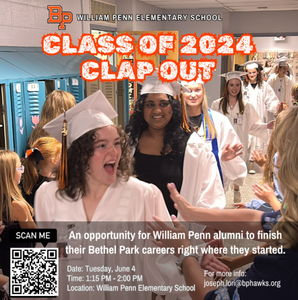 Students from the Class of 2023, donned in their caps and gowns, parade the halls of William Penn Elementary and clap hands with the students and staff.

Photo courtesy of Mr. James Cromie, @bethel_park_school_district on Instagram