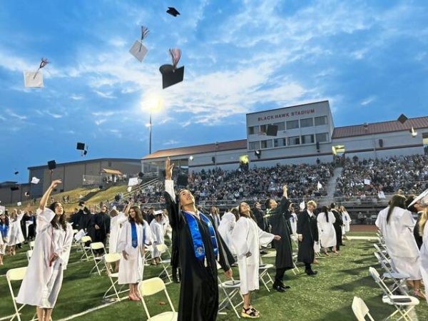 Students celebrate by tossing their caps after their graduation on June 8, 2023 at Black Hawk Stadium.

Photo courtesy of Jim Cromie, Bethel Park School District