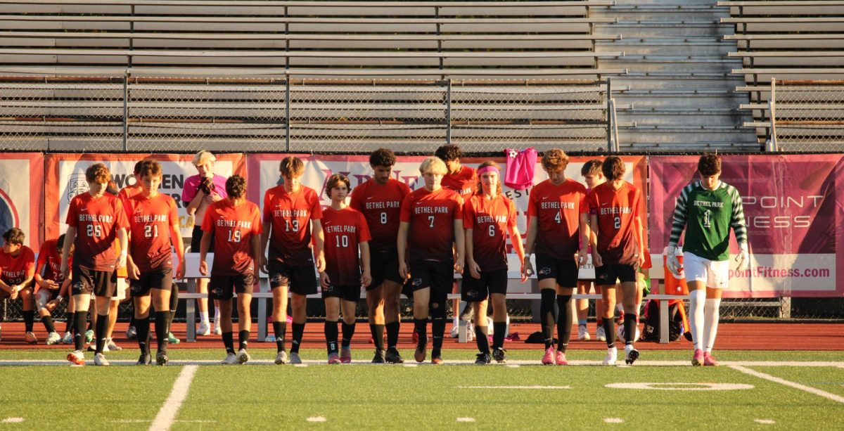 The boys varsity soccer team takes the field against Albert Gallatin on Oct. 3, Senior Night.