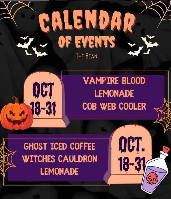 The Bean and Berry is offering an entire lineup of seasonal drinks through the month of October including Vampire Blood Lemonade, Cob Web Cooler,  Witches Cauldron Lemonade, and Ghost Iced Coffee.

Courtesy of @bpdecachapter on Instagram