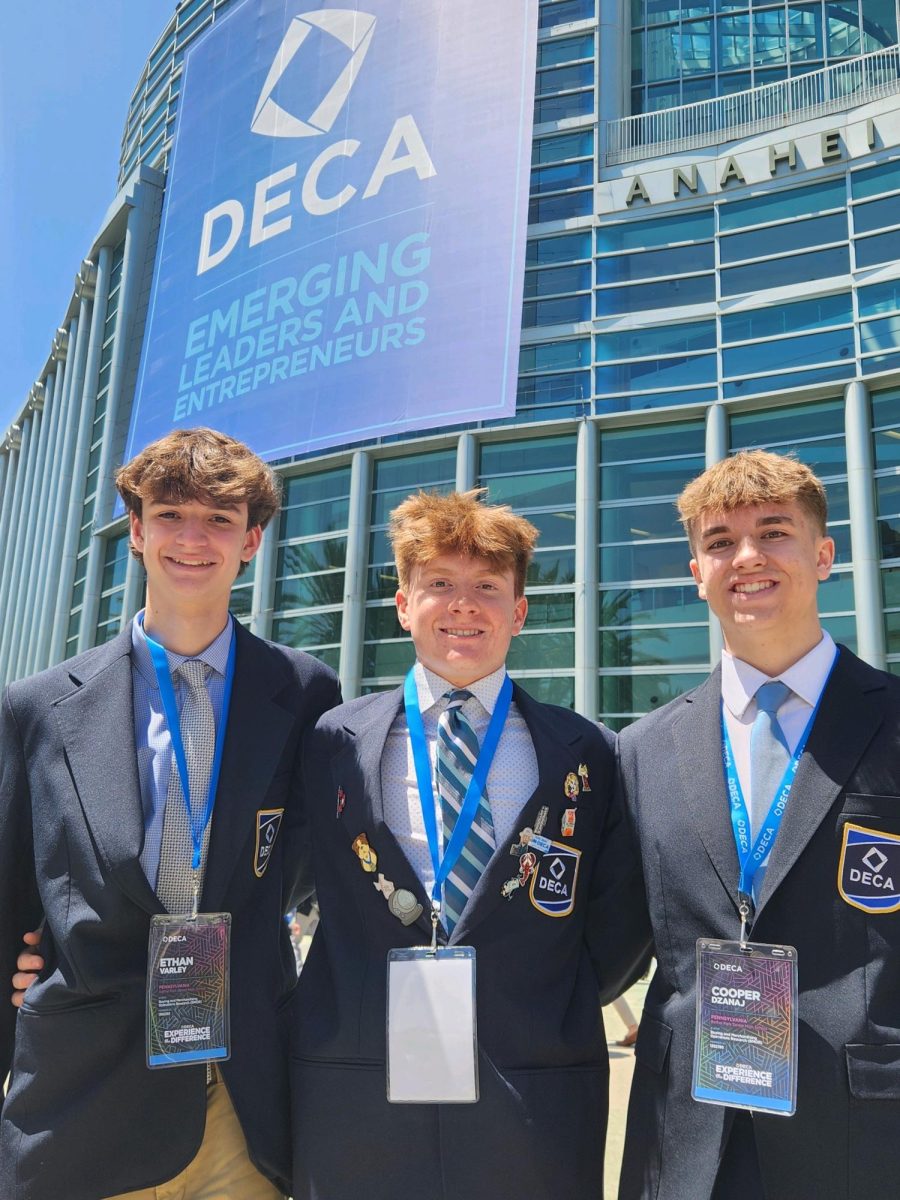 DECA students Ethan Varley, Brian Bitkowski, and Cooper Dzanaj at the international conference in Anaheim, Ca. which took place April 26- May 1, 2024.

Photo credit:  Emily Smoller