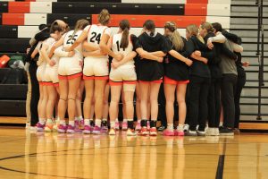 The Lady Hawks huddle up before taking the court against Mars on Friday, Dec. 6.