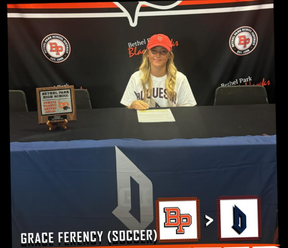 Grace Ferency signs her National Letter of Intent to continue her academics and athletics at Duquesne University.

Photo courtesy of BP Athletics on Instagram (@bp_blackhawks)