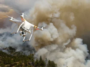 A drone flies over a wildfire.

Photo courtesy of Bureau of Land Management.