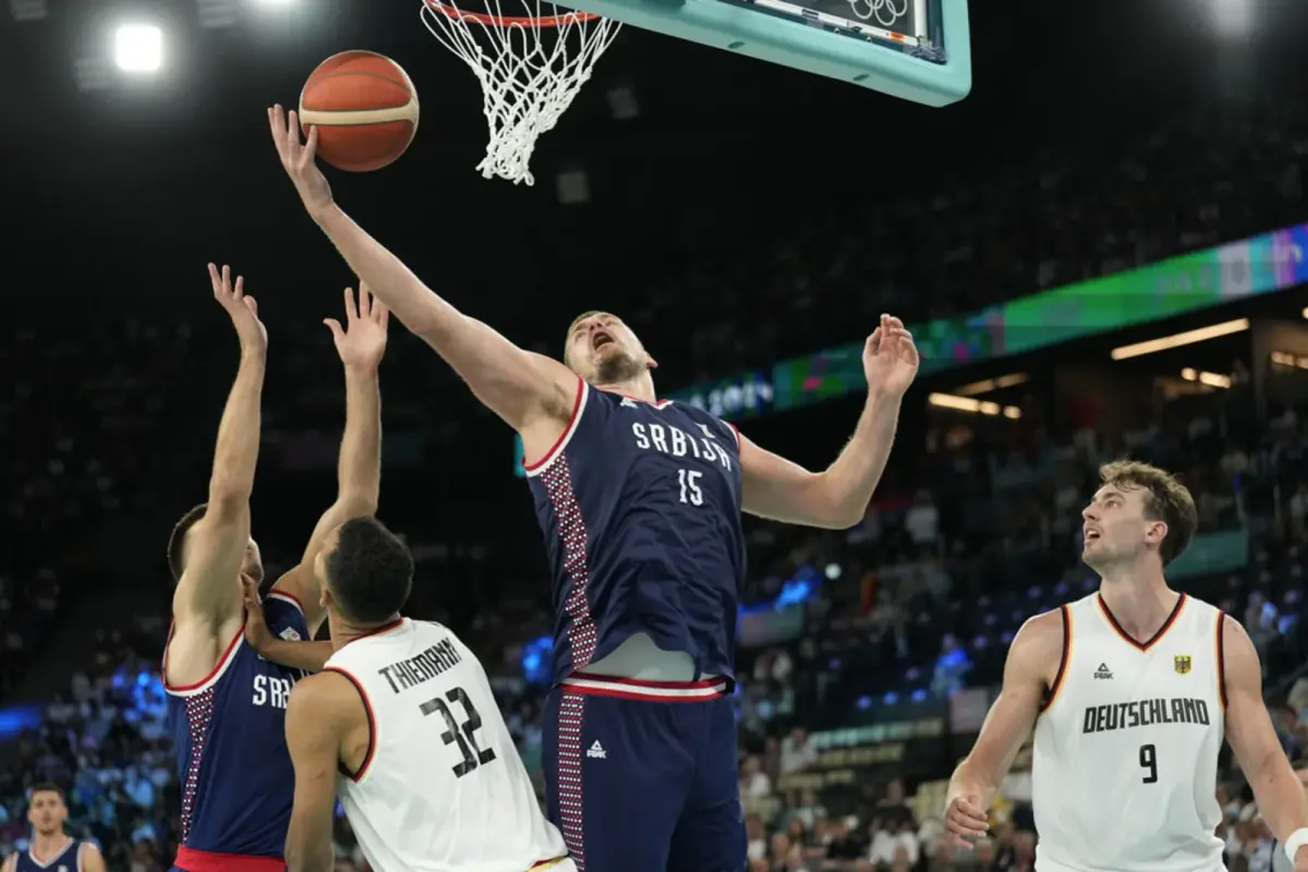 Nikola Jokic (fourth left) of Serbia goes to the basket against Germany during the men’s basketball bronze medal game today.

Photo courtesy of The Associated Press, cc
