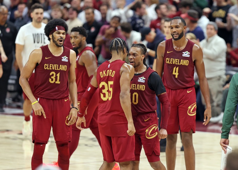 Cleveland Cavaliers forward Isaac Okoro and Cleveland Cavaliers guard Darius Garland celebrate after a play against the Milwaukee Bucks in the second half of play Nov. 4, 2024.

Photo credit: Joshua Gunter/ Cleveland.com