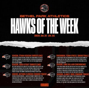 The latest Hawks of the Week feature athletes from swimming, wrestling, indoor track and basketball.

Graphic courtesy of BP Athletics via Gipper