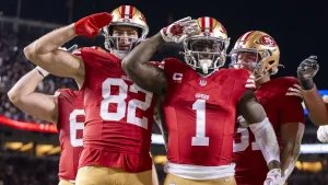 December 30, 2024; Santa Clara, California, USA; San Francisco 49ers wide receiver Deebo Samuel Sr. (1) celebrates scoring a touchdown against the Detroit Lions during the third quarter at Levi's Stadium. 

Photo Credit: Kyle Terada-Imagn Images 