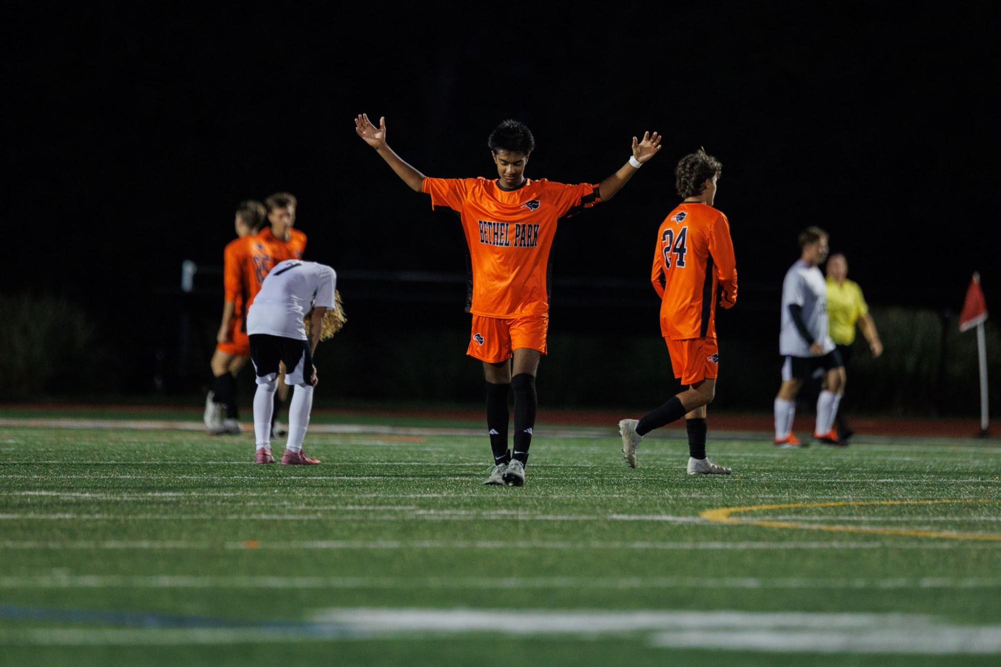 Pravas Dahal shows mid-game emotion during the Hawks' game vs. Albert Gallatin on Monday, Sept. 9.