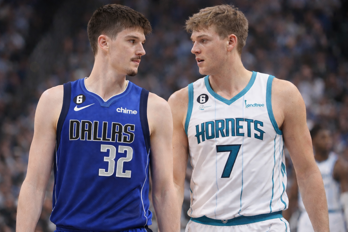 No. 32 on the Dallas Mavericks, Cooper Flagg on a basketball court with No. 7 on the Charlotte Hornets, Kon Knueppel (AI Generated)
