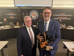 Newly elected superintendent Dr. Patterson (right) stands with Dr. Walsh in the Community Room of the Administration Building.

Photo courtesy of Mr. James Cromie
